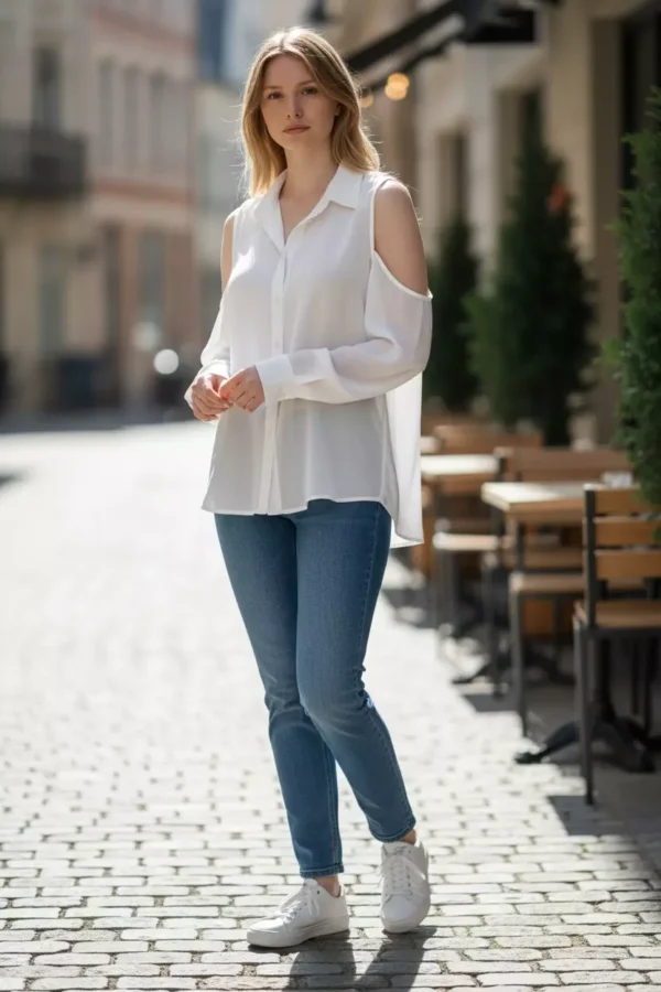 Cold shoulder white shirt